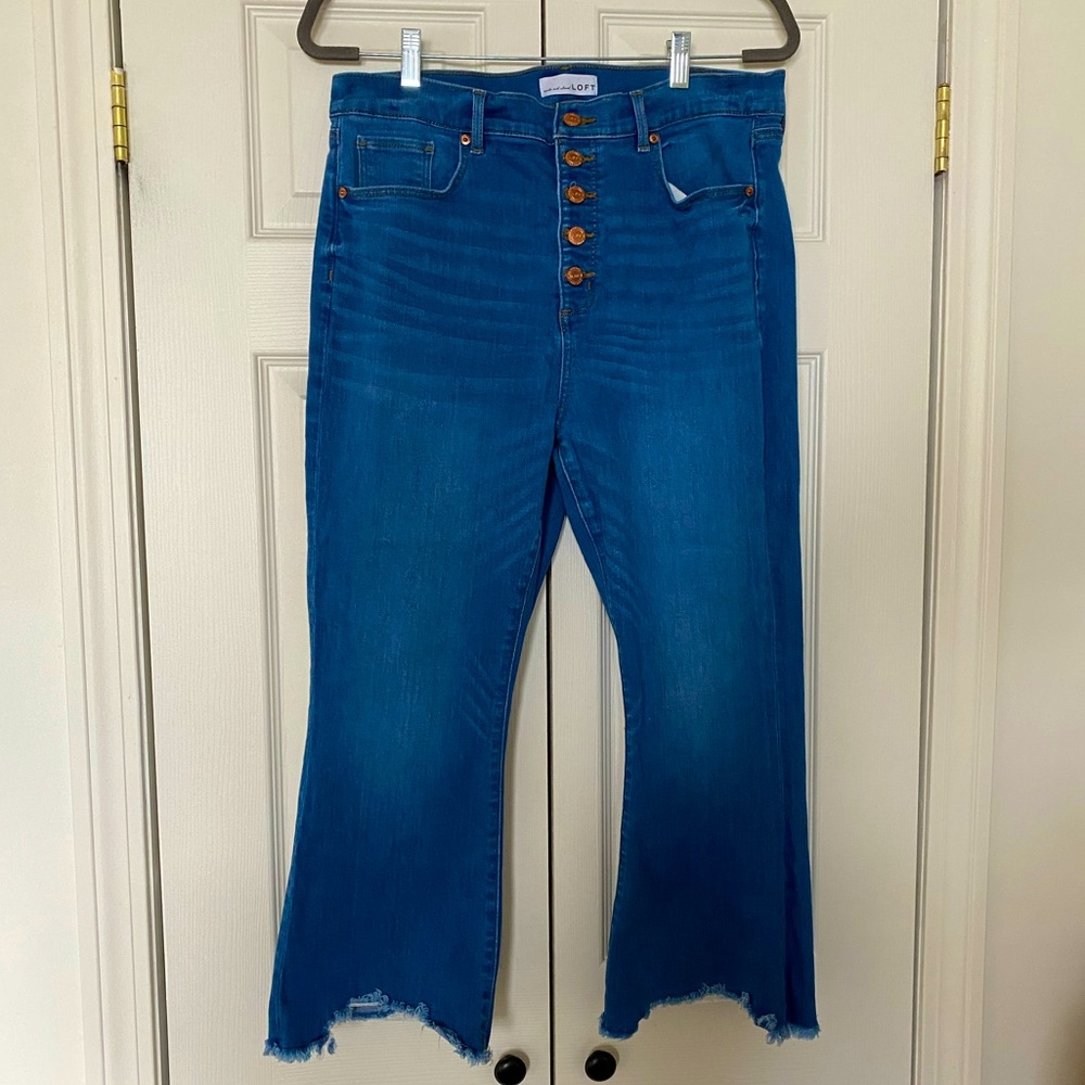 LOFT Size 32 (14) Petite Chewed Hem Button Front High Rise Kick Crop Jeans